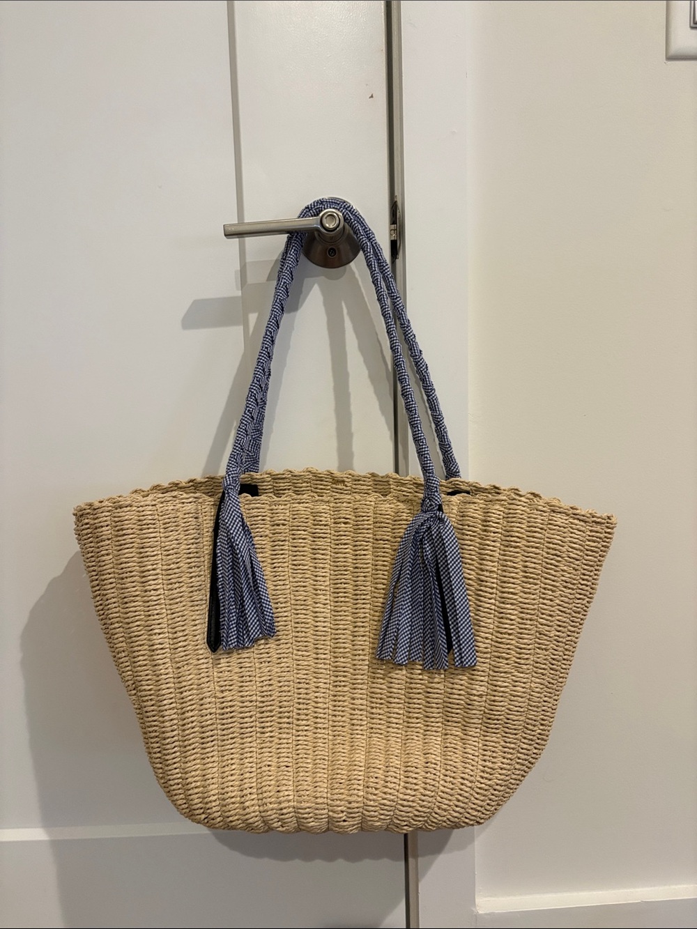 J CREW Woven Straw Tote with Blue Rope Handles